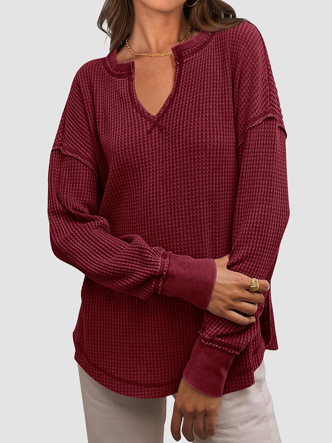 Cyrine™ | Waffle Knit V-Neck Pullover
