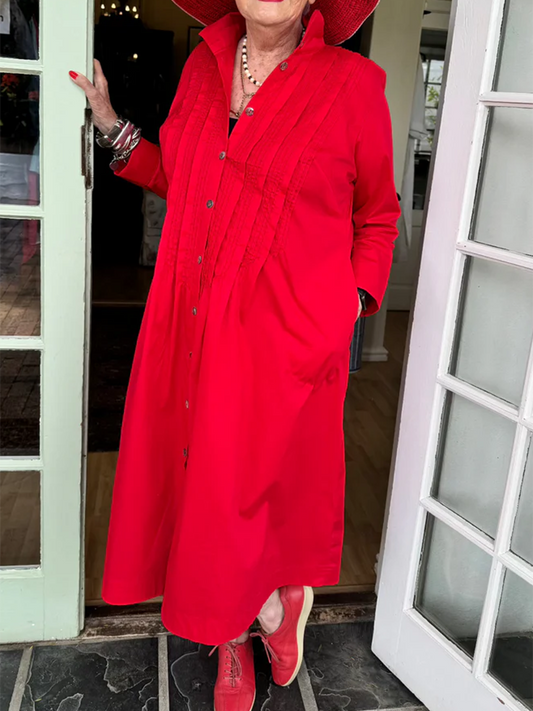 Accordion-pleated Shirt Collar Cotton and Linen Dress